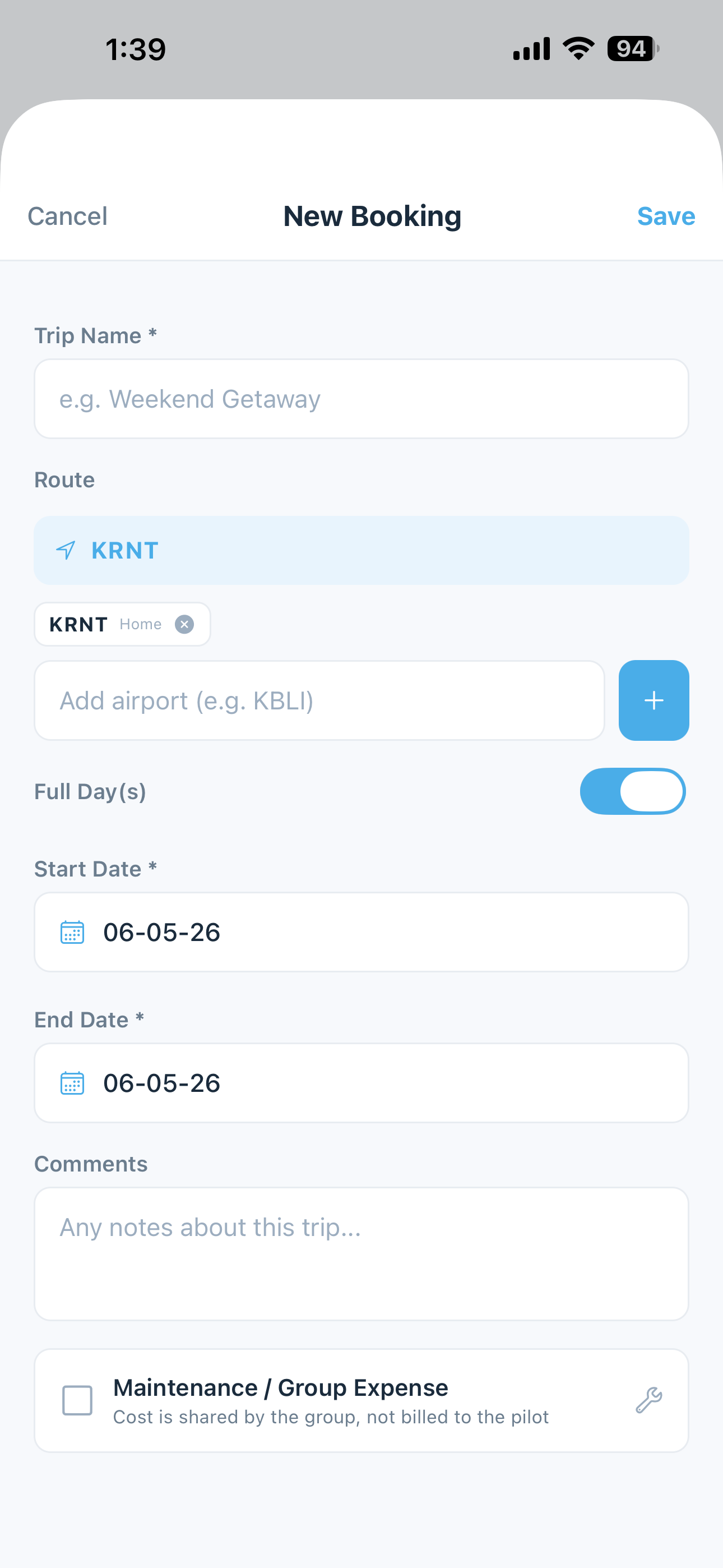 New booking screen
