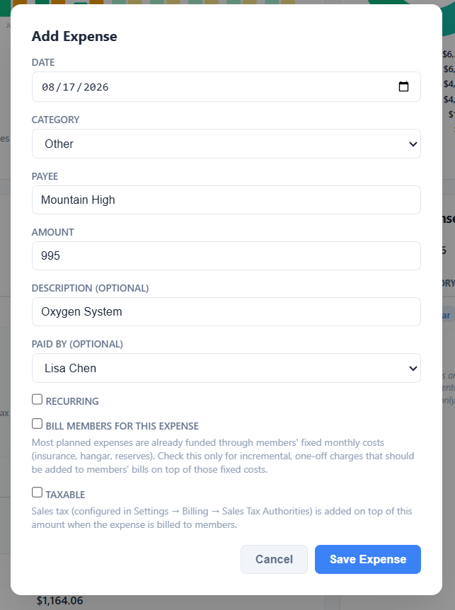 Add Expense modal showing the Paid by (optional) dropdown set to a member