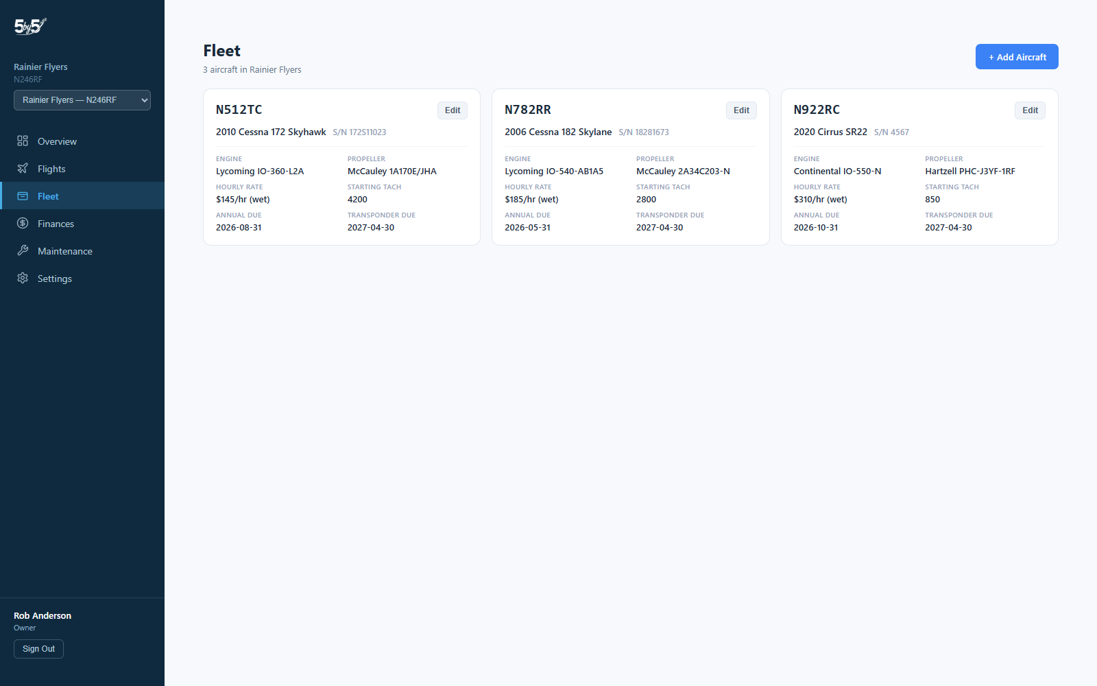 Fleet page showing the aircraft card grid and + Add Aircraft button