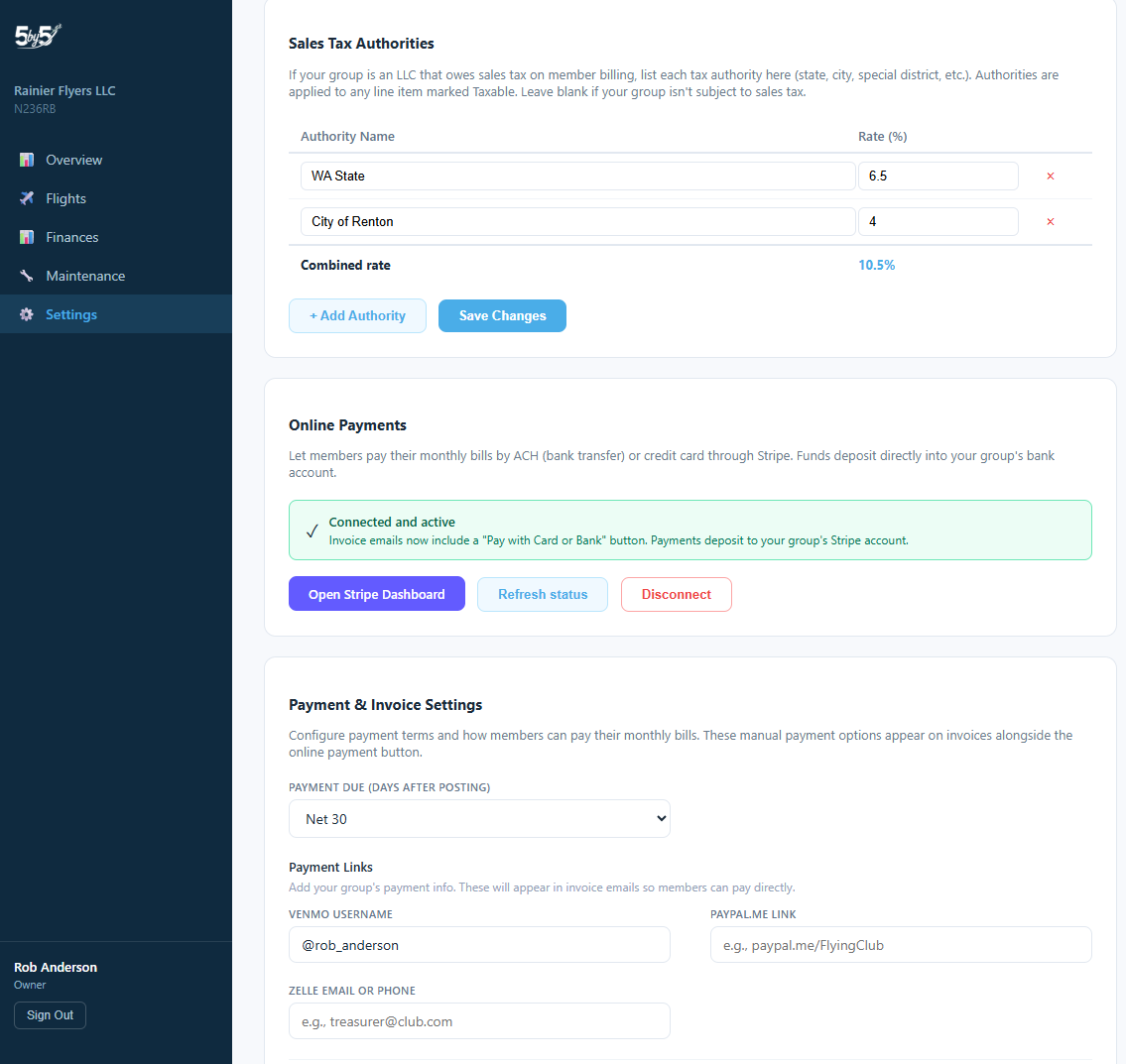 Billing tab bottom showing Stripe Connect onboarding and Payment & Invoice Settings
