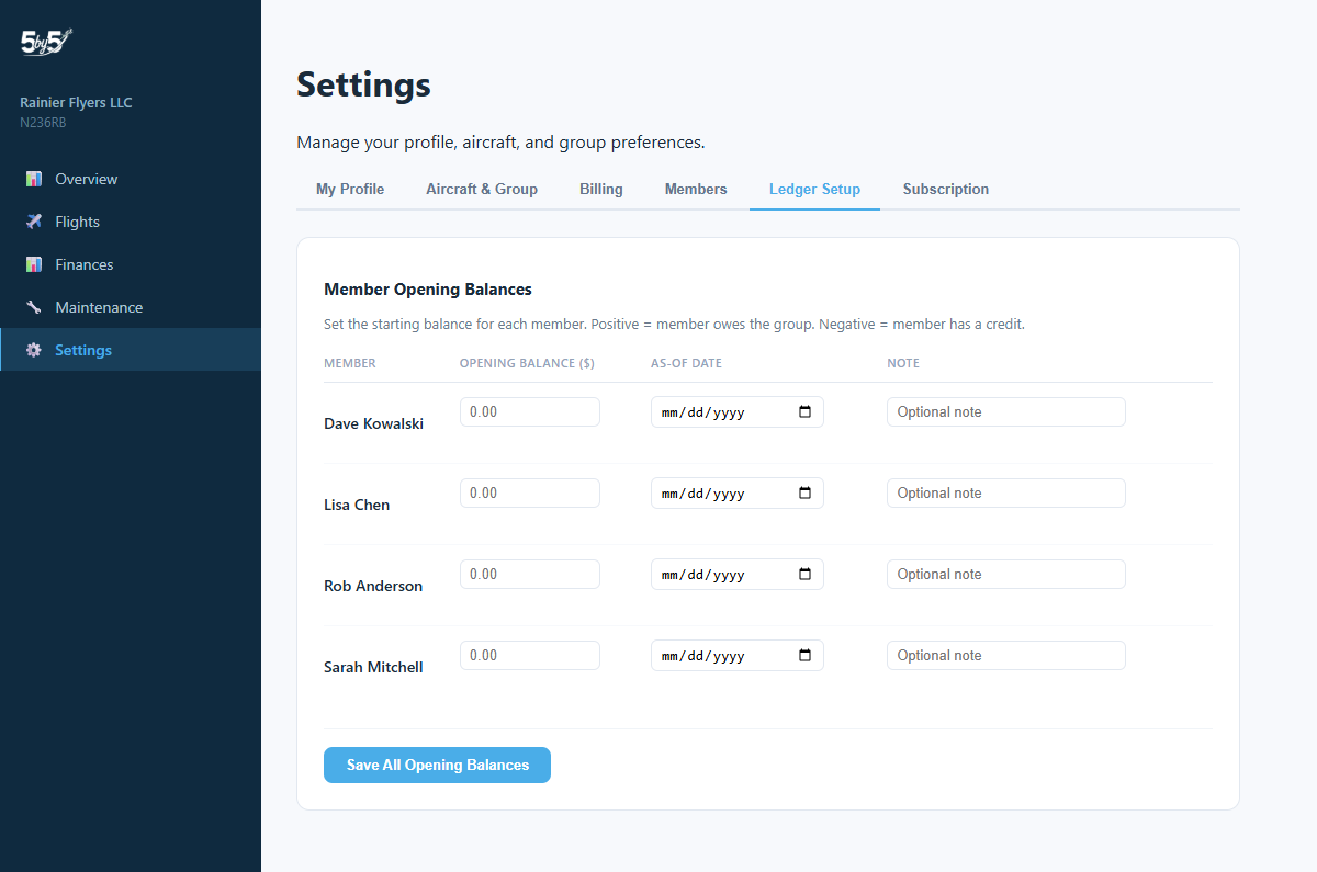 Ledger Setup tab showing per-member opening balance entries