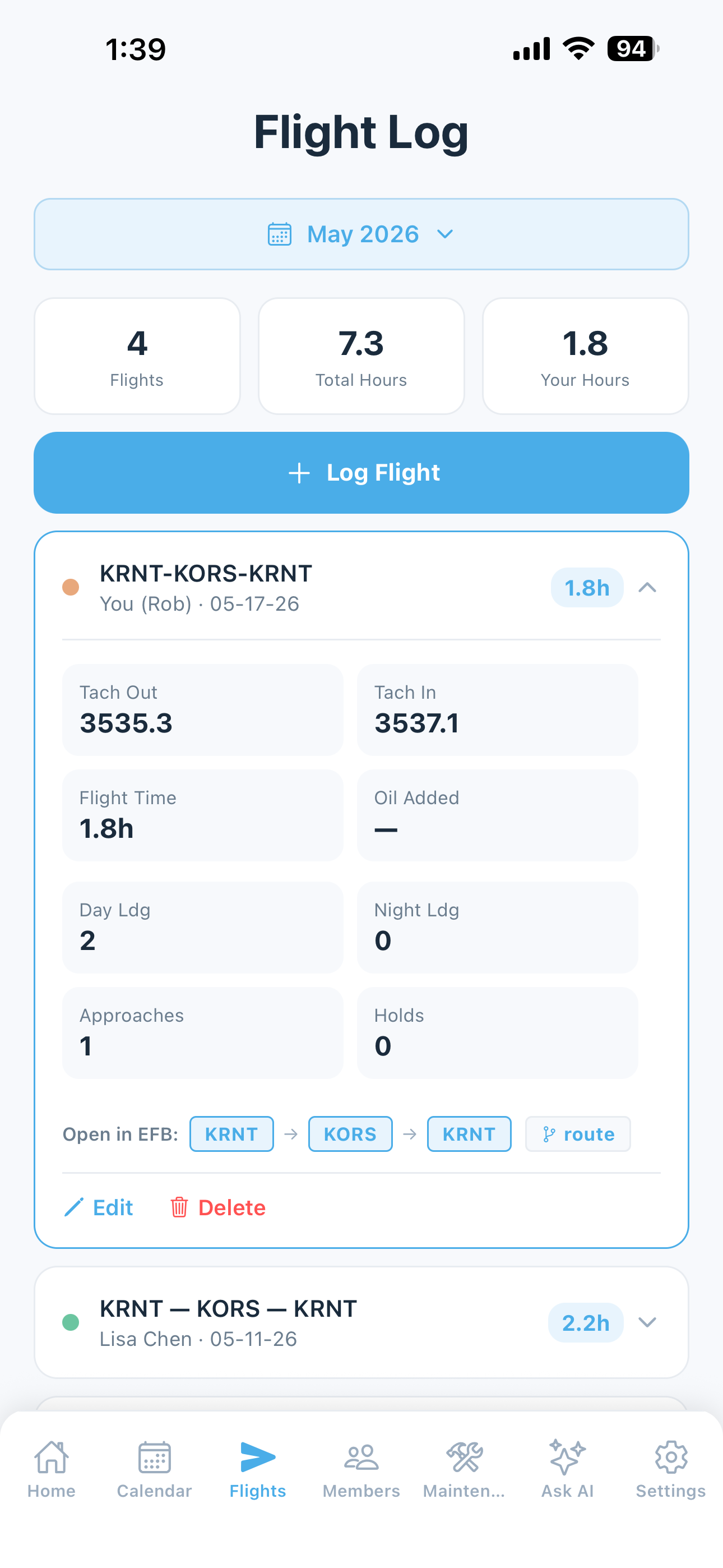 Flight detail with tach times, airports, and route data