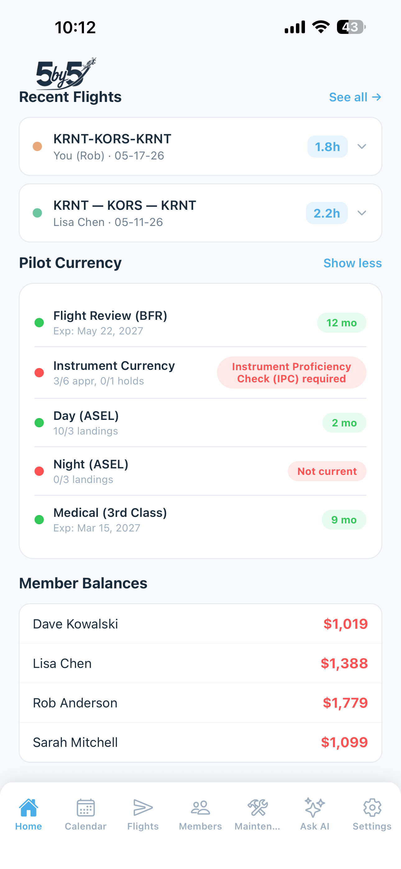 Personal pilot currency tracking on the home screen — landings, instrument, medical, and flight review status