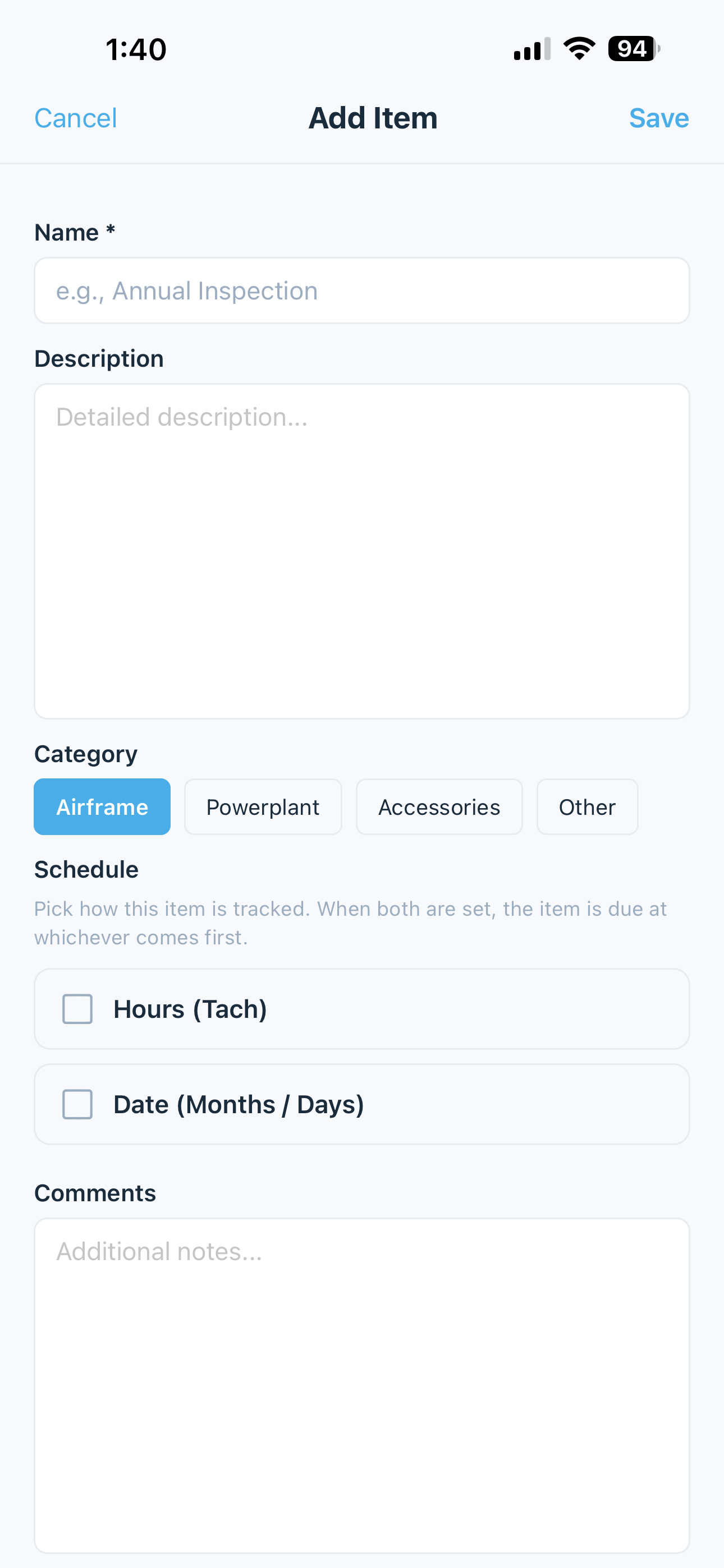 Add Maintenance Item