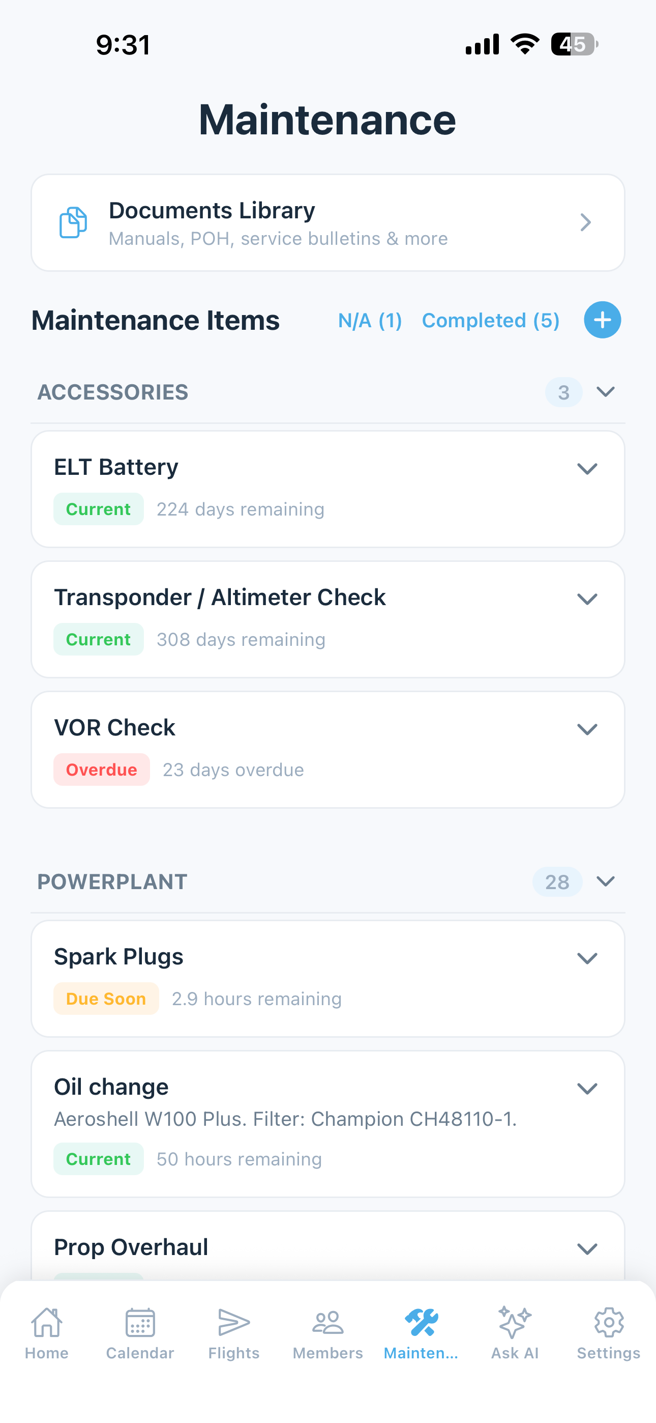 Maintenance tracking with color-coded status for annuals, ADs, and inspections