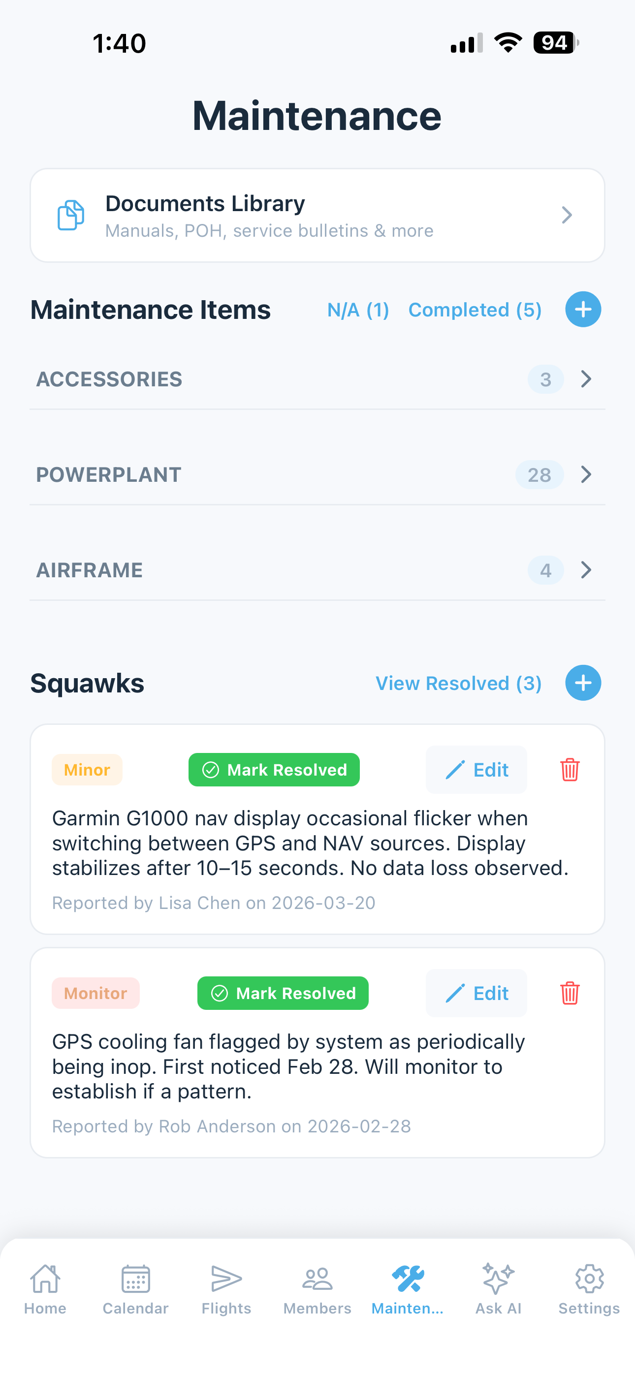 Squawk reporting with severity levels and grounding alerts