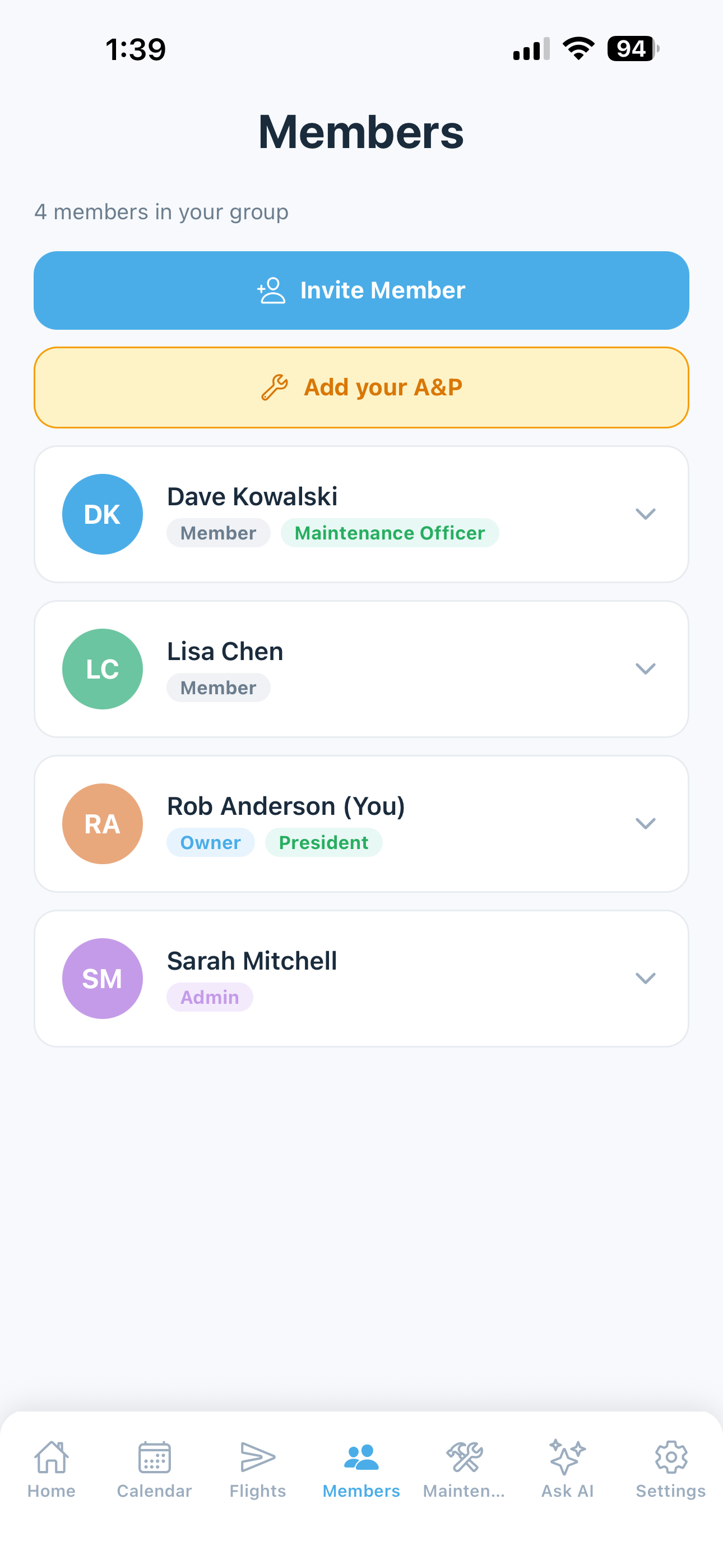 Member roster with roles, contact info, and YTD flight stats